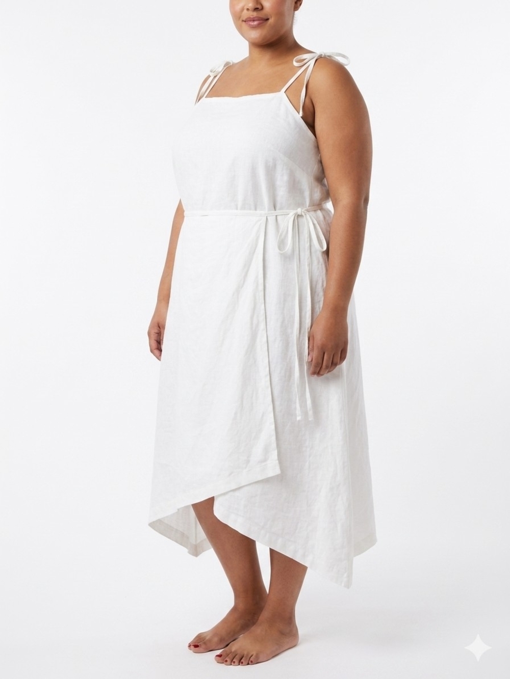 Asymmetrical White Tie-Shoulder Linen Midi Dress